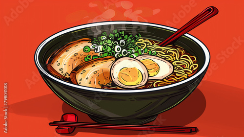 Ramen Bowl A steaming bowl of Japanese ramen noodles in savory broth, garnished with tender slices of pork, soft-boiled egg, green onions, and nori seaweed, offering a hearty and satisfying meal. © Hameed