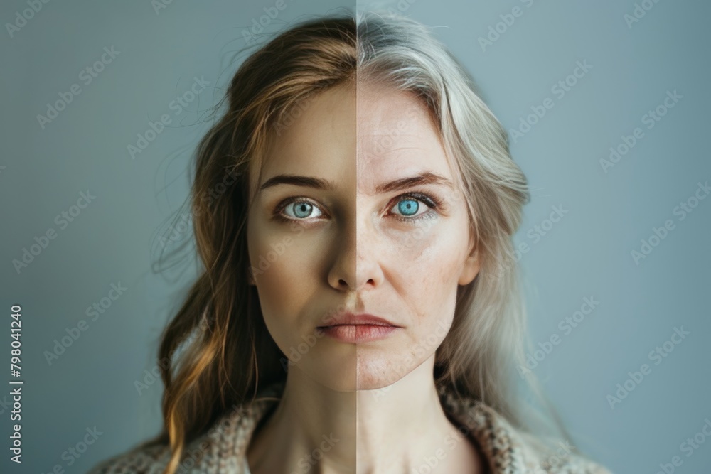 Halves of skin contrast aging through cosmetic enhancements, transforming age acceptance with skincare solutions and modern techniques. Halves of skin contrast aging through cosmetic enhancements, transforming age acceptance with skincare solutions and modern techniques.