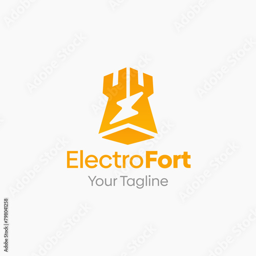 Illustration Vector Graphic Logo of Electro Fort. Merging Concepts of a Flash and Fort castle Shape. Good for Education, Game etc