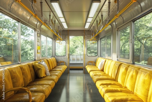 Interior of a train car with yellow seats and windows. Ideal for transportation concepts