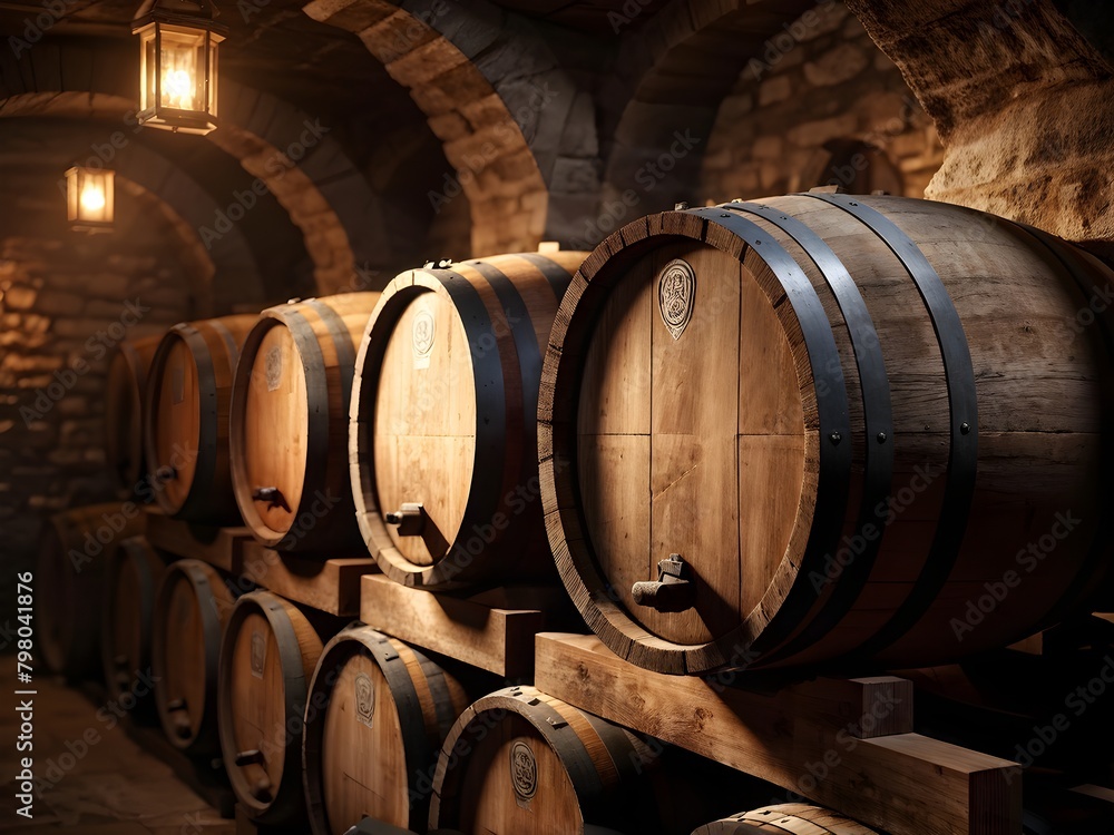 wine cellar filled with oak barrels