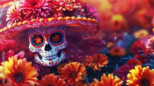 A skull wearing a Mexican hat surrounded by colorful flowers. Perfect for Day of the Dead celebrations photo