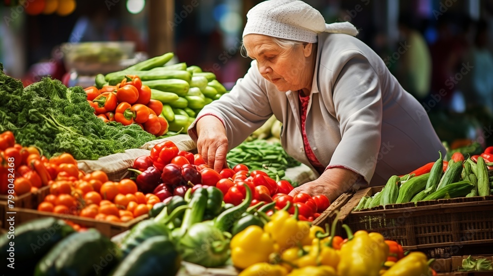 Senior woman sells fresh vegetables at local market stalls, offering a diverse selection of farm-fresh produce with warmth and expertise.