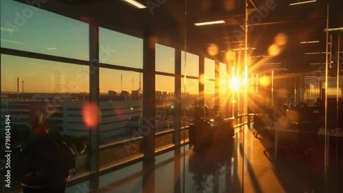 A timelapse of the sun setting over the office building while the interior lights automatically turn on as part of the smart security systems energysaving features photo