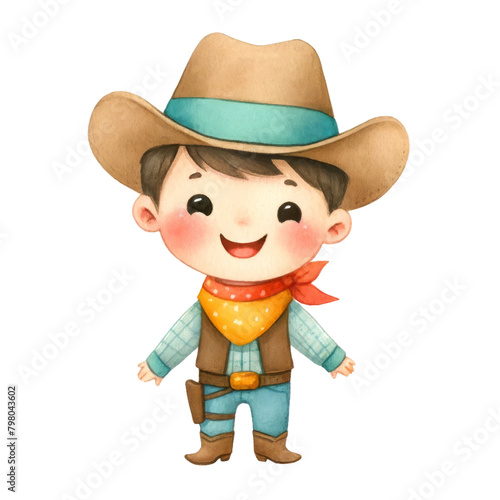 Watercolor cute cowboy, Cowboy concept, American culture.