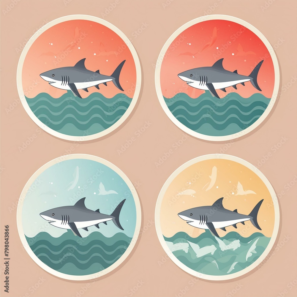Circular Shark Stickers showcasing silhouettes of sharks amidst a backdrop of deep blue ocean Circular Shark Stickers showcasing silhouettes of sharks amidst a backdrop of deep blue ocean