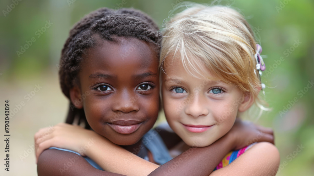 Portrait of a smiling little girl affectionately hugging her friend Portrait of a smiling little girl affectionately hugging her friend