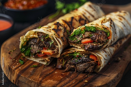 fresh grilled donner or shawarma beef wrap roll hot ready to serve and eat  photo
