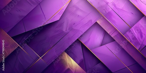 Design a geometrically layered and abstract background in varying shades of purple, featuring a blend of gold elements to create a sophisticated and visually appealing composition
 photo