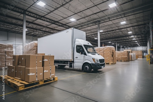 White vans parked inside warehouse . reliable shipping and transportation services hub photo