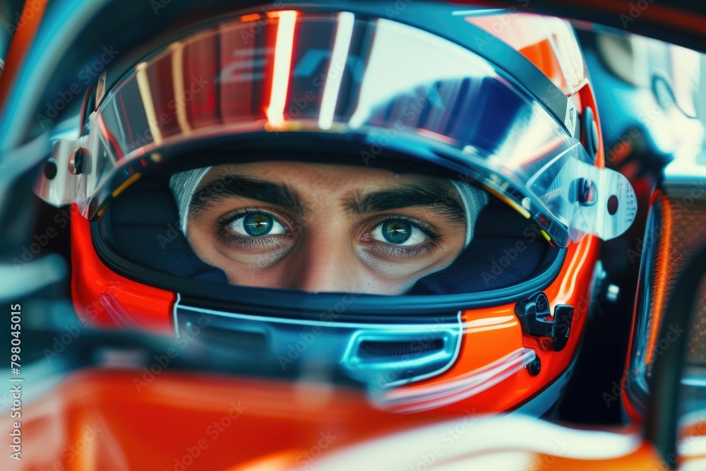 Fototapeta premium The picture of the formula one or f1 racer wearing the helmet for protection, the racing driver is focusing on the race track, the racer require skill like the concentration and driving skill. AIG43.