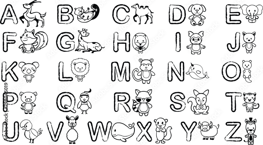 hand drawn children drawing set of letters with cute animal characters