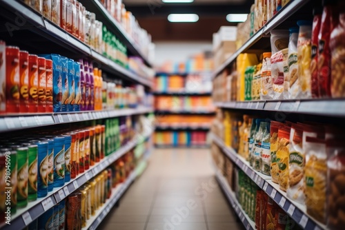 Blurry interior of large grocery store with aisles and shelves for shopping concept photo