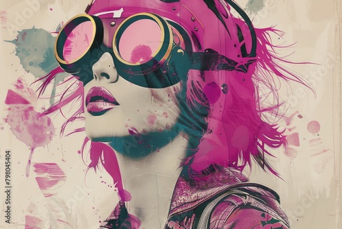 A woman with pink hair wearing goggles. Suitable for tech or fashion blogs photo