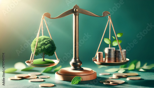 Balancing Finance and Nature: Green Fiscal Harmony Concept with Scales, Tree, and Coin photo