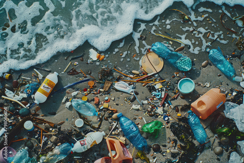 Washed-up plastic debris littering the beach shore.


