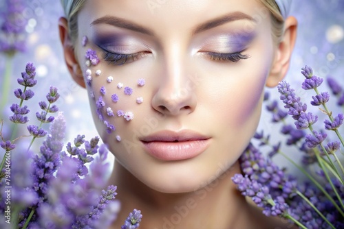 Artistic close-up of facial skin with nanotechnology particles enhancing collagen production  in a serene lavender and cream palette  ideal for anti-aging treatments.