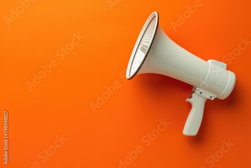 A white megaphone on a vibrant orange background. Perfect for advertising or communication concepts