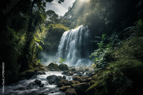 landscape in the jungle with romantic waterfall surrounded by green trees, illustration // ai-generated 