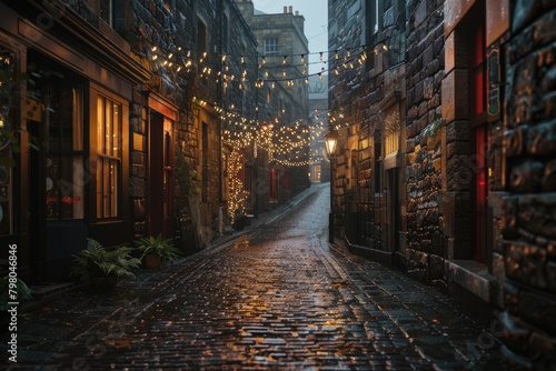 A festive cobblestone street adorned with twinkling Christmas lights. Perfect for holiday-themed projects
