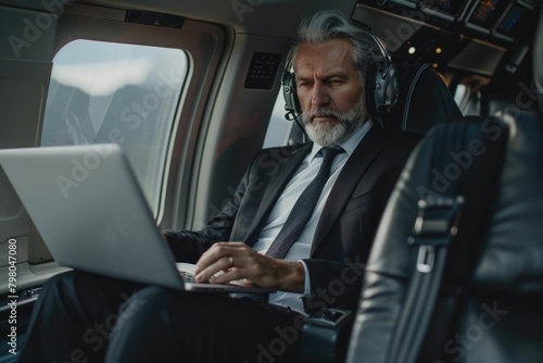 A man in a suit sitting in a plane with a laptop. Suitable for business and travel concepts © Fotograf