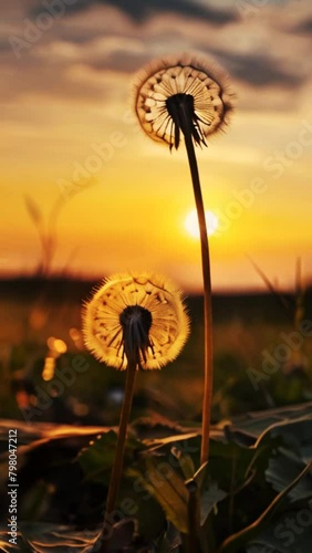 Video de flores de diente de león (Taraxacum officinale) bailando suavemente en un prado al atardecer. photo