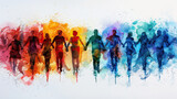 concept of Belonging Inclusion Diversity Equity DEIB or lgbtq, group of multicolor painted people of different cultures and skin, on colorful watercolor white background	
