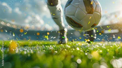 A close up of a soccer player kicking the ball. photo