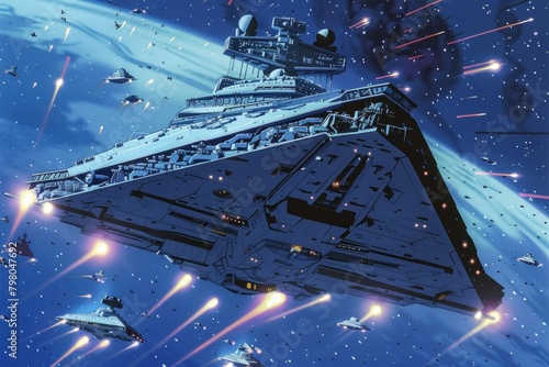 A large star destroyer flying through a space filled with stars. Suitable for sci-fi themed projects