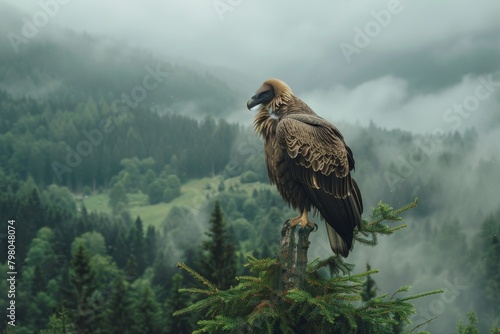 A Vulture perched stoically atop a tall pine, overlooking a serene mountain landscape