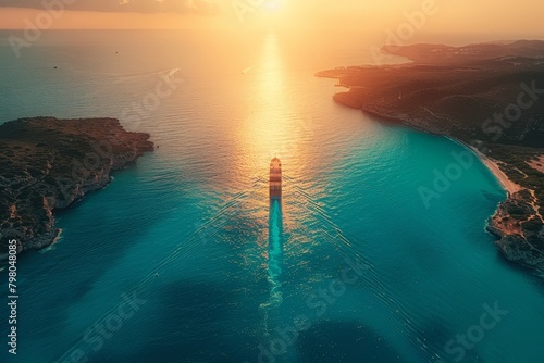 Large container ship sailing on clear summer day - enface view from above in open sea