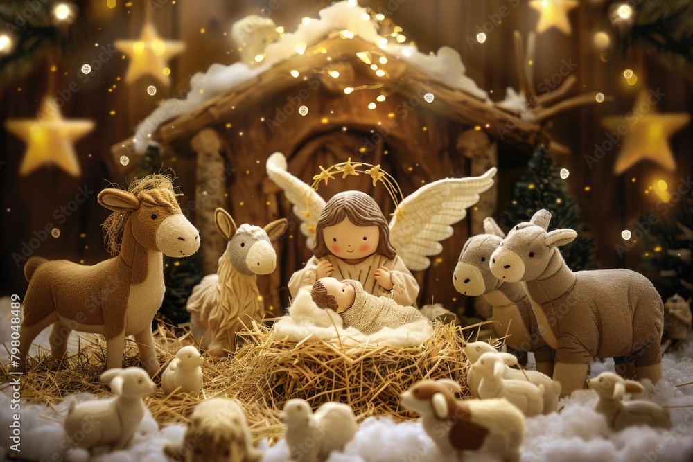 Fototapeta premium A peaceful nativity scene with angels, sheeps, and a shining star. Ideal for Christmas designs and religious illustrations