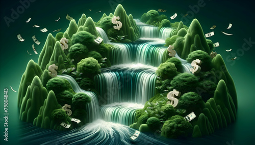 Flow of Wealth: Abstract Waterfall Wallpaper Reflecting Green Finance in Photo Stock Concept