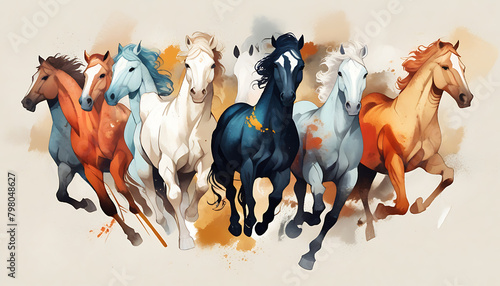 Abstract image of seven horses, paint spots and strokes. detailed Large strokes, mural, art style, vastu art, oil painting style, paint