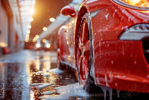 Close-up professional car wash with shampoo foam and splashes of water, auto detailing service photo