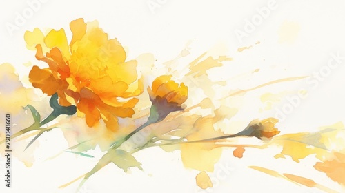 Capture the beauty of a marigold flower in a vibrant watercolor illustration showcasing a variety of colors adorning its stem Zoom in on the blooming bud surrounded by lush leaves set agains photo