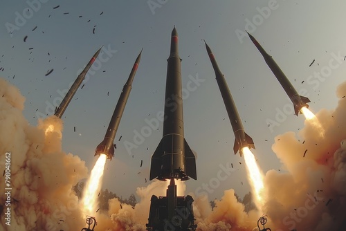 Four military ballistic rockets launching in blue sky with smoke trails, war concept