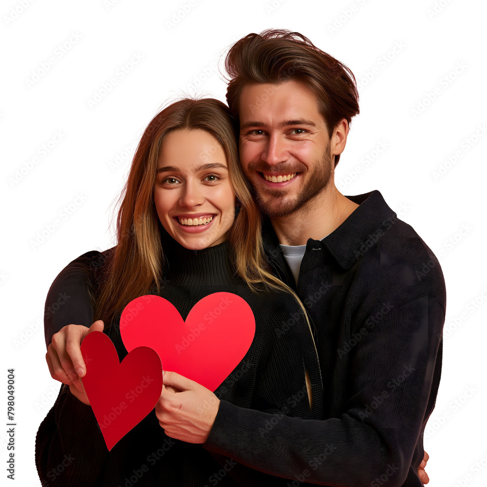 A man behind a woman, embracing her, both holding a paper heart on Valentine's Day A man behind a woman, embracing her, both holding a paper heart on Valentine's Day