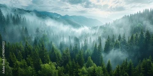 Breathtaking landscape of a foggy fir forest © toomi123