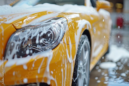 Professional yellow car wash with shampoo foam and water splashes ? auto detailing service photo