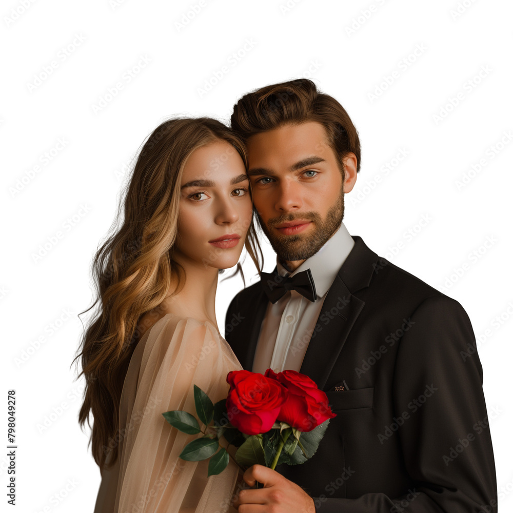 An elegant couple with a bouquet of red roses, Valentine's Day An elegant couple with a bouquet of red roses, Valentine's Day
