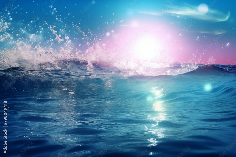 Sunlit ocean waves with sparkling water and pink hues
