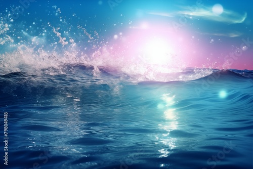Sunlit ocean waves with sparkling water and pink hues