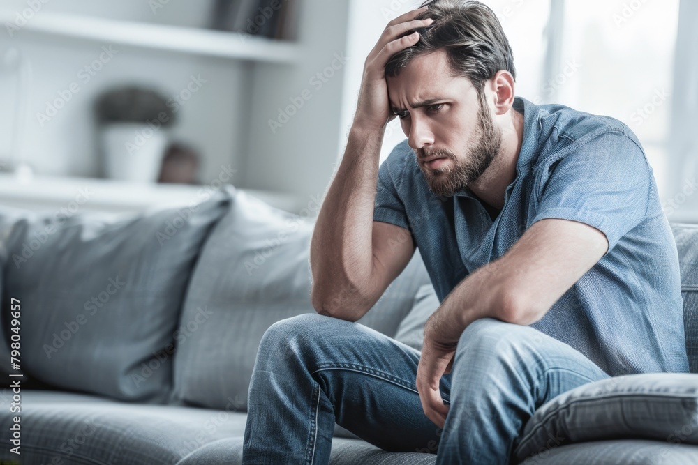 Pensive man pondering on comfortable sofa, grappling with relationship challenges Pensive man pondering on comfortable sofa, grappling with relationship challenges