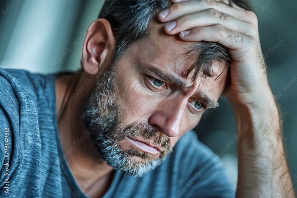 Obraz premium Depressed man thinking about relationship problems, sitting on cozy couch at home