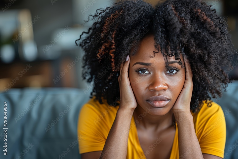 Thoughtful afro woman on couch, deep in thought with hand on head. Relationship difficulties concept Thoughtful afro woman on couch, deep in thought with hand on head. Relationship difficulties concept
