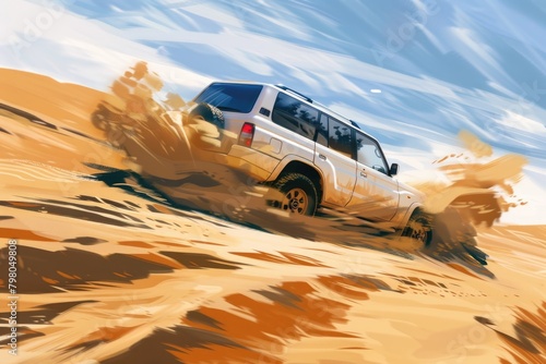A white truck driving through the desert on a sunny day. Suitable for transportation and travel concepts