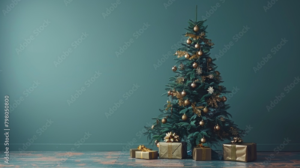 Fototapeta premium Beautiful christmas tree with golden baubles and presents on light blue background