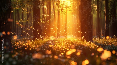 Create an enchanting forest glade bathed in the soft light of a setting sun