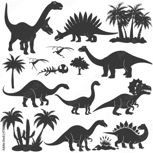 Silhouette Prehistoric Dinosaur Various black color only